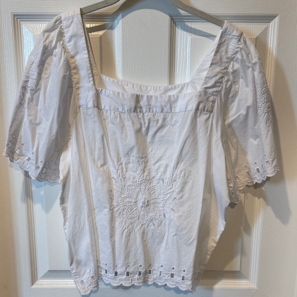 LOFT White Embroidered Blouse L